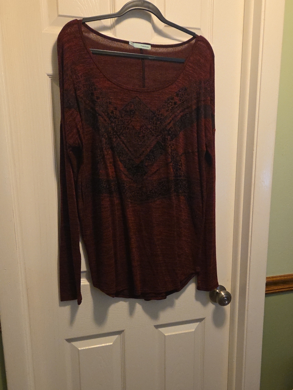 Maurices Burgundy Long Sleeve Scoop Neck Top with Subtle Black Pattern